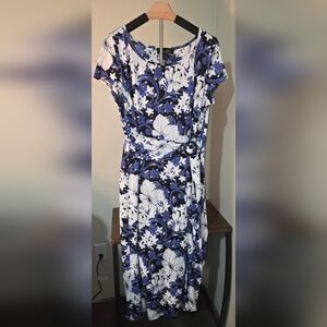 Perceptions Blue and White Floral Belted Midi Dress. Size XL